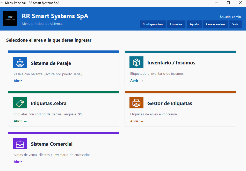 Menú principal con los 5 sistemas integrados