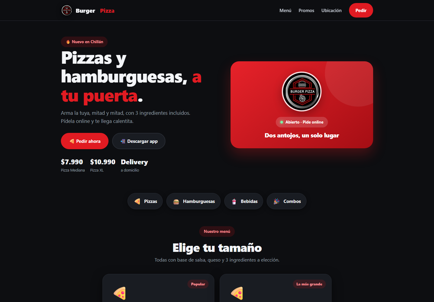 Vista real de la página web de Burger Pizza
