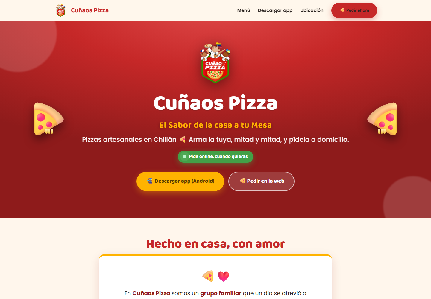 Vista real de la página web de Cuñaos Pizza